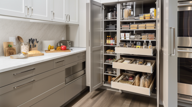 Image: A neatly organized kitchen cabinet with labeled containers and baskets holding various kitchen items. Alt text: A clutter-free kitchen cabinet with labeled containers and baskets holding kitchen items, showcasing the best kitchen storage solutions.