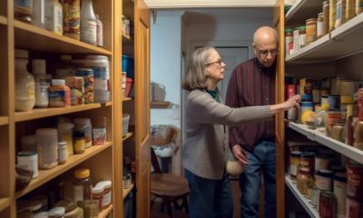 A neatly organized kitchen pantry with labeled containers and shelves filled with various food items, including cereal boxes, jars of pasta, canned goods, and snacks.