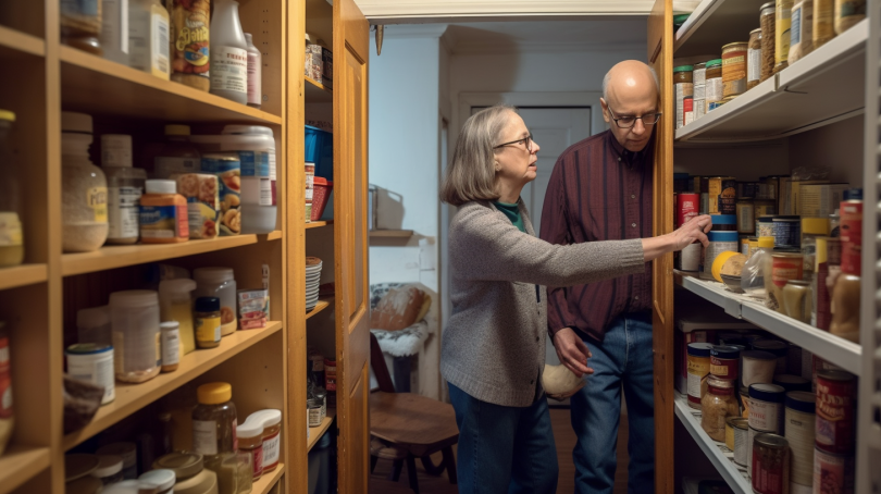 A neatly organized kitchen pantry with labeled containers and shelves filled with various food items, including cereal boxes, jars of pasta, canned goods, and snacks.