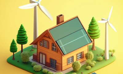 An image of a house with a green roof, solar panels, and a wind turbine in the front yard, with text overlay that reads "What is a green mortgage?"