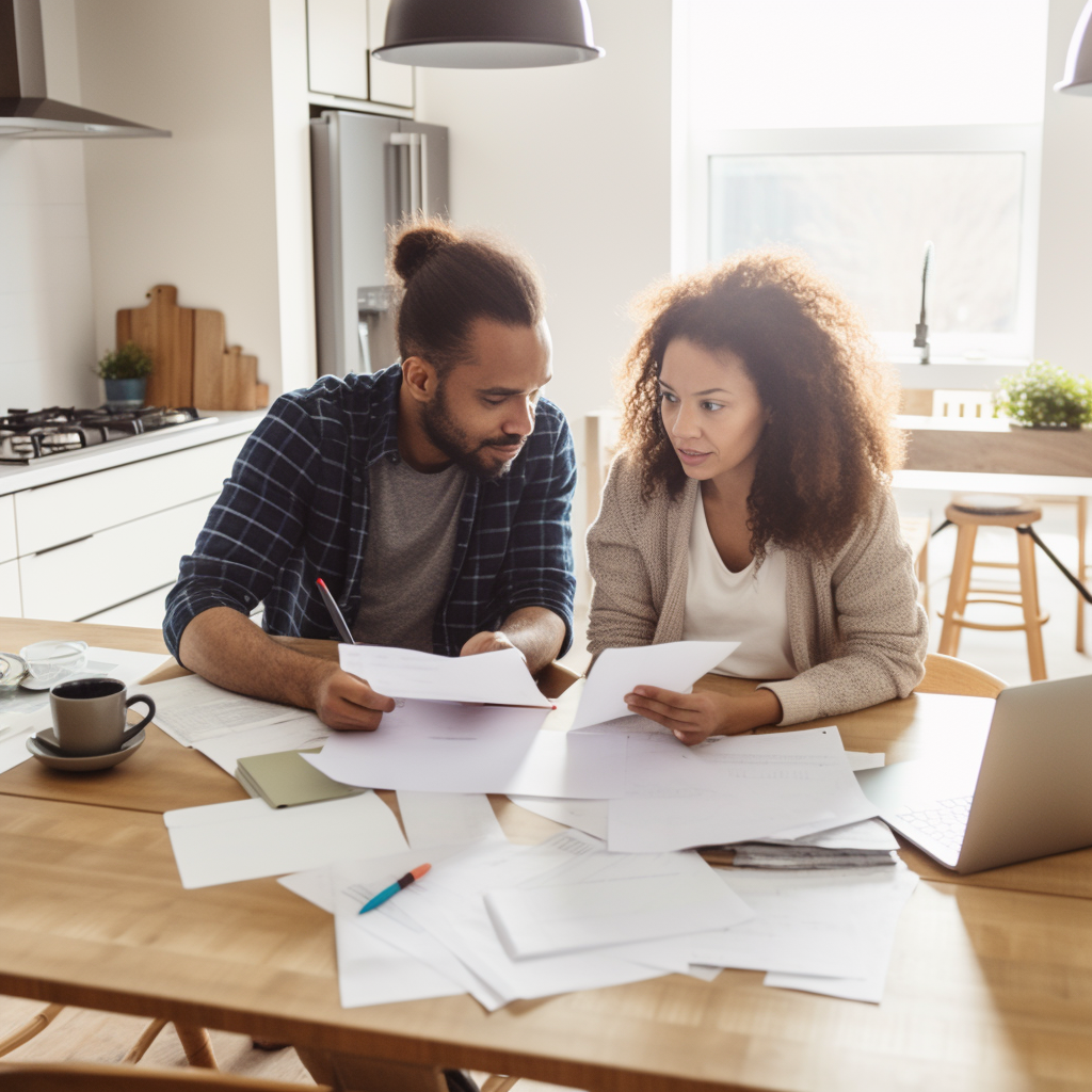 A stock photo of a person holding a stack of cash and looking at papers with the words "personal loan" written on them. The person is sitting at a desk in front of a computer. The image is meant to represent someone researching and considering taking out a personal loan.