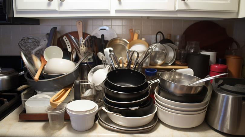 Image description: A neatly arranged set of kitchen cabinets with labeled shelves for specific items such as plates, cups, spices, and pots and pans.