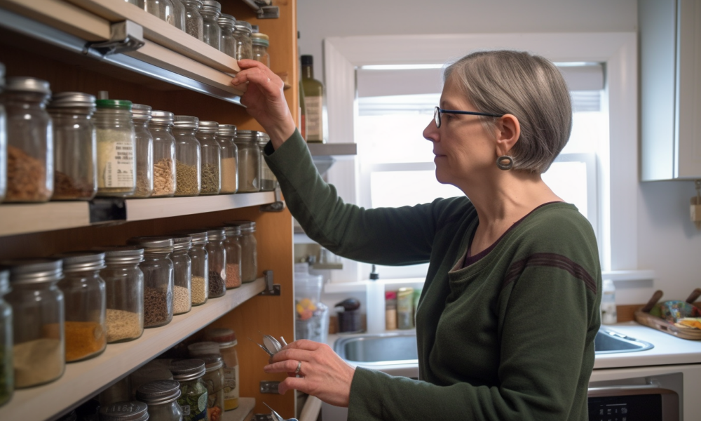 A photo of a kitchen countertop with various spices arranged neatly in containers and jars. Labels on the containers indicate the names of the spices.