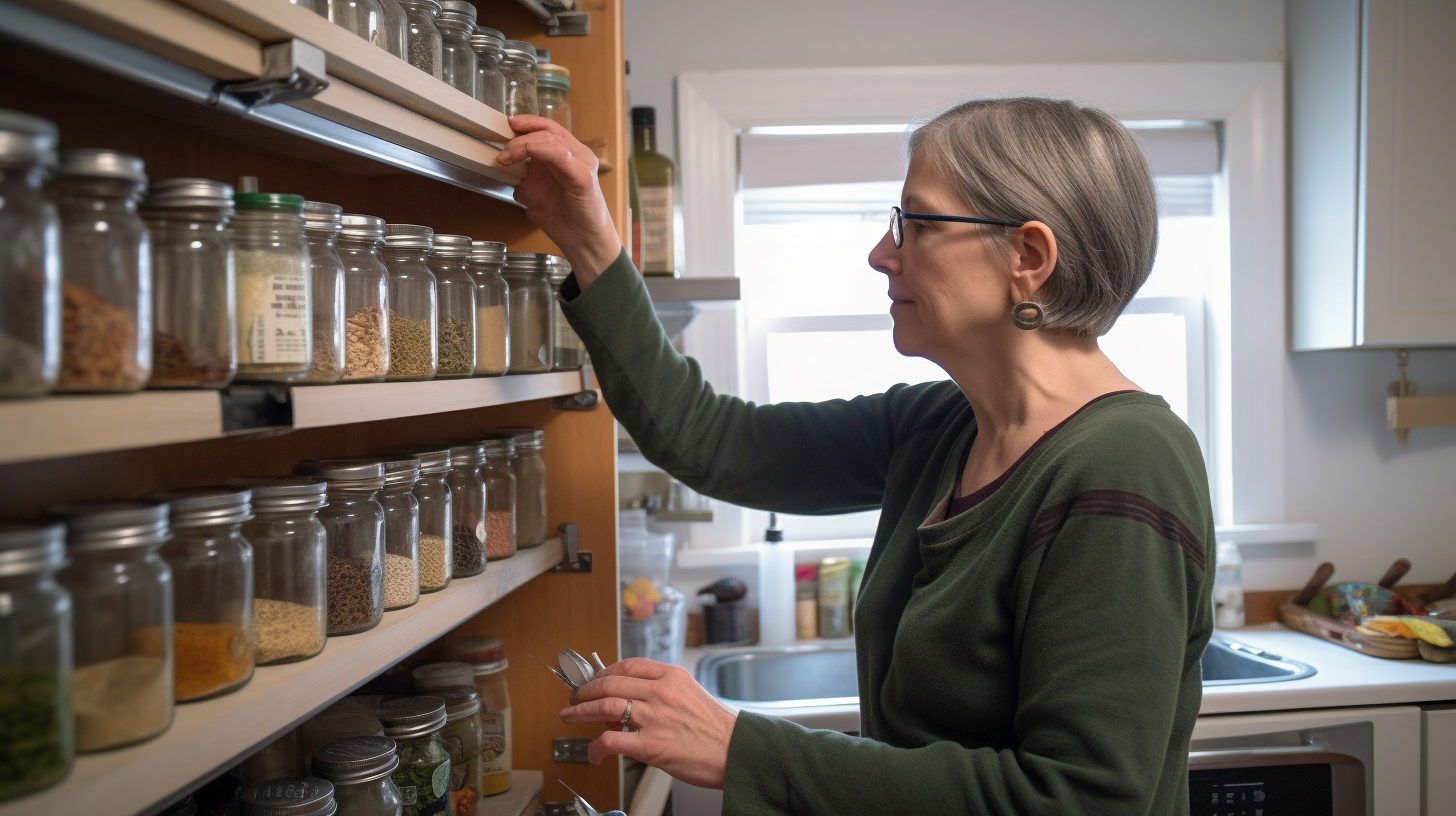 A photo of a kitchen countertop with various spices arranged neatly in containers and jars. Labels on the containers indicate the names of the spices.