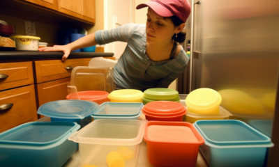 Image description: A neatly organized kitchen cabinet with various sizes and shapes of Tupperware containers arranged in rows, with their matching lids stacked nearby.