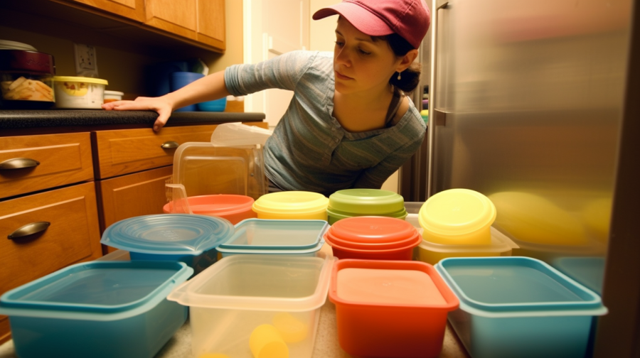 Image description: A neatly organized kitchen cabinet with various sizes and shapes of Tupperware containers arranged in rows, with their matching lids stacked nearby.