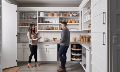 An image of a neatly organized pantry with labeled containers and baskets arranged on shelves, with tips written in speech bubbles such as "group like items together" and "use clear containers for easy visibility".