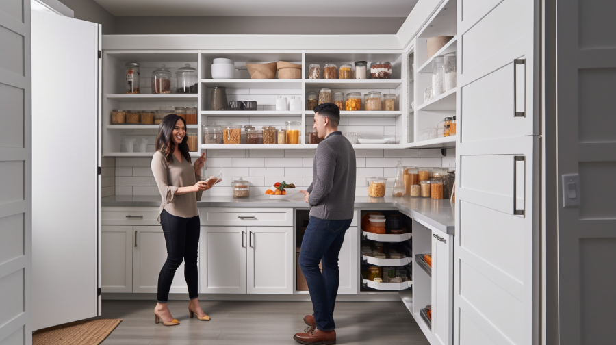 An image of a neatly organized pantry with labeled containers and baskets arranged on shelves, with tips written in speech bubbles such as "group like items together" and "use clear containers for easy visibility".