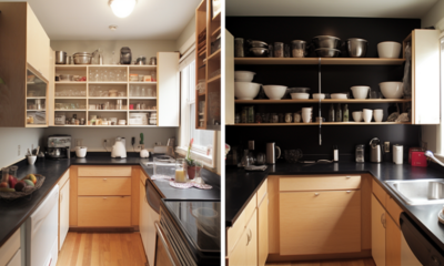 Before and after photo of a cluttered kitchen counter with various kitchen utensils, small appliances, and food items scattered around, compared to an organized kitchen counter with neatly arranged containers, a dish rack, and a few decorative items.