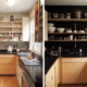 Before and after photo of a cluttered kitchen counter with various kitchen utensils, small appliances, and food items scattered around, compared to an organized kitchen counter with neatly arranged containers, a dish rack, and a few decorative items.