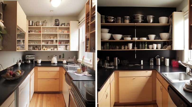 Before and after photo of a cluttered kitchen counter with various kitchen utensils, small appliances, and food items scattered around, compared to an organized kitchen counter with neatly arranged containers, a dish rack, and a few decorative items.