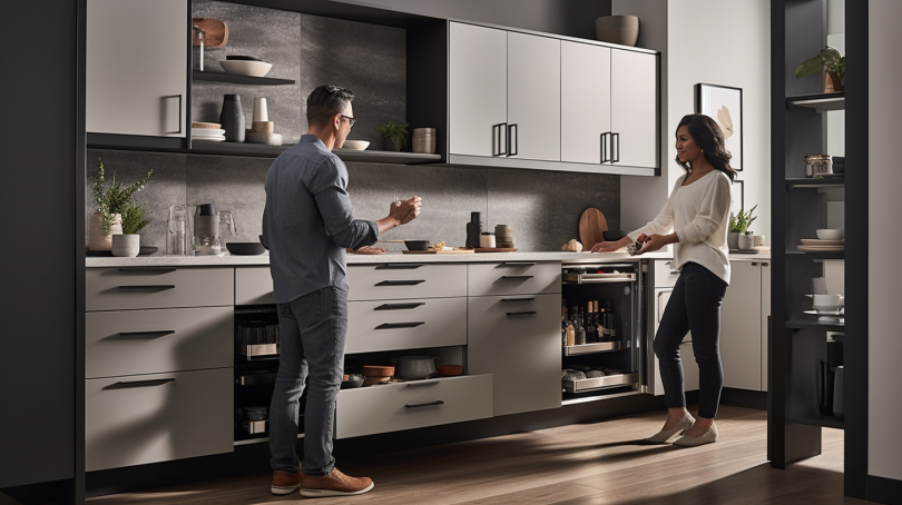 A picture of a tidy and well-organized kitchen with labeled containers, neatly arranged utensils, and a clean countertop.