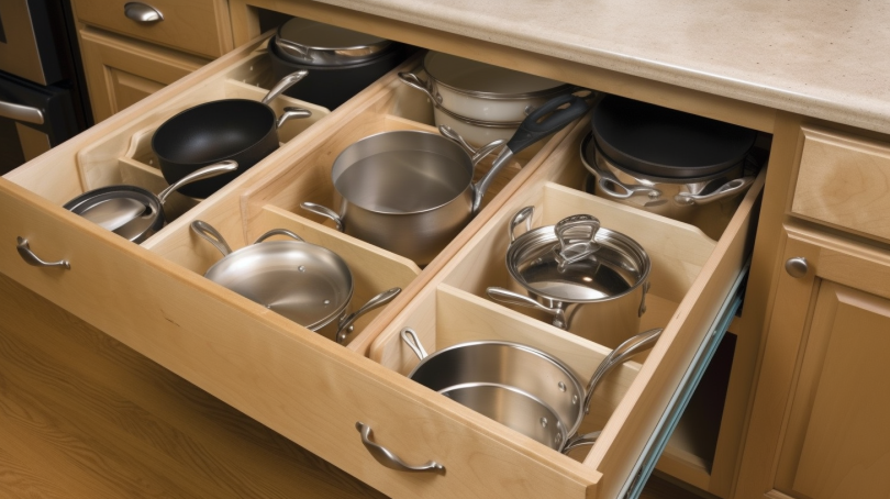 An image of neatly organized kitchen cabinets with dishes, cups, and utensils in designated spaces. The alt text could read: "A well-organized kitchen cabinet with plates, cups, and utensils arranged in their designated spaces. Tips for organizing kitchen cabinets include sorting items by frequency of use, using drawer dividers, and labeling containers."