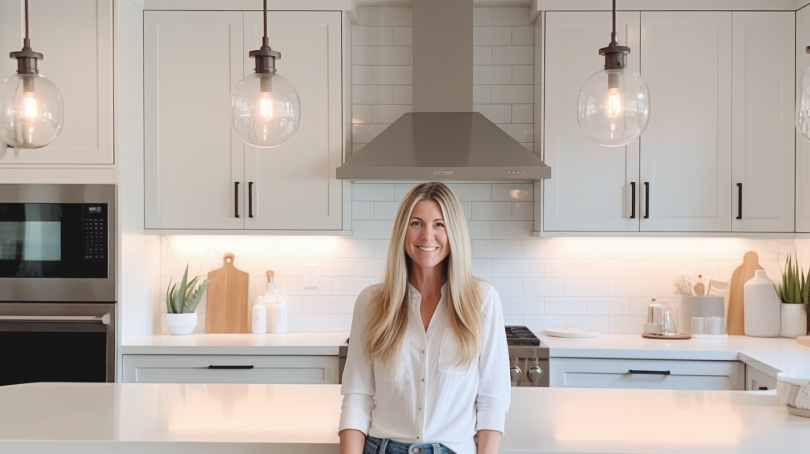 The image shows a neatly organized kitchen with various space-saving solutions such as a magnetic knife holder, a hanging pot rack, a spice rack mounted on the inside of a cabinet door, and stackable storage containers.