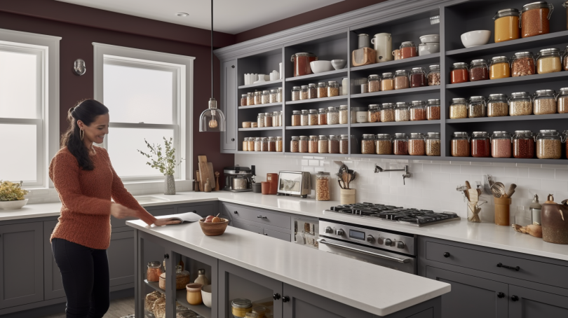 A photo of a kitchen drawer filled with various spices in labeled jars and containers, with a few loose spices scattered around.