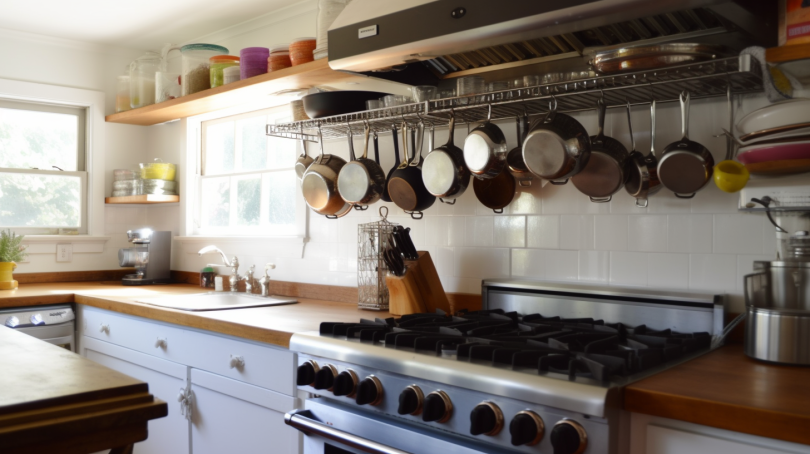 An image of a tidy and well-organized kitchen with labeled storage containers, neatly arranged kitchen appliances, and a clean and clutter-free countertop.