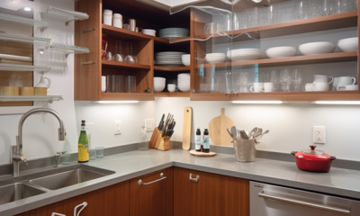 A photo showing a neatly organized kitchen cabinet with labeled containers for various food items such as pasta, rice, and cereals. There are also hanging hooks under the cabinet for utensils and a drawer organizer for cutlery.