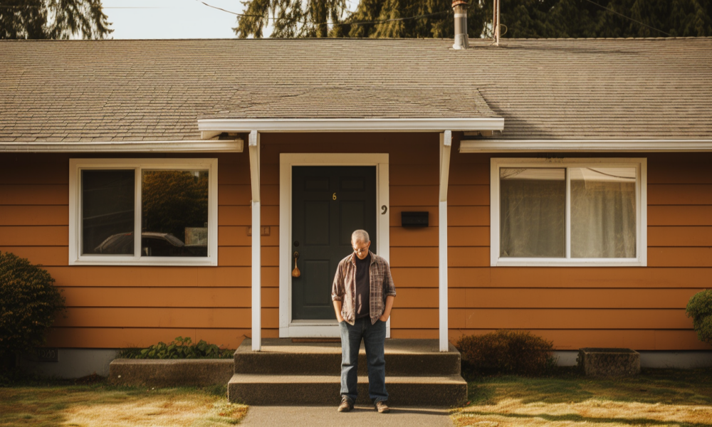 Image: A person holding a stack of papers and looking confused while standing in front of a house under construction. Alt text: A person seeking information for home renovation permits holds a stack of documents and stands in front of a house under construction.