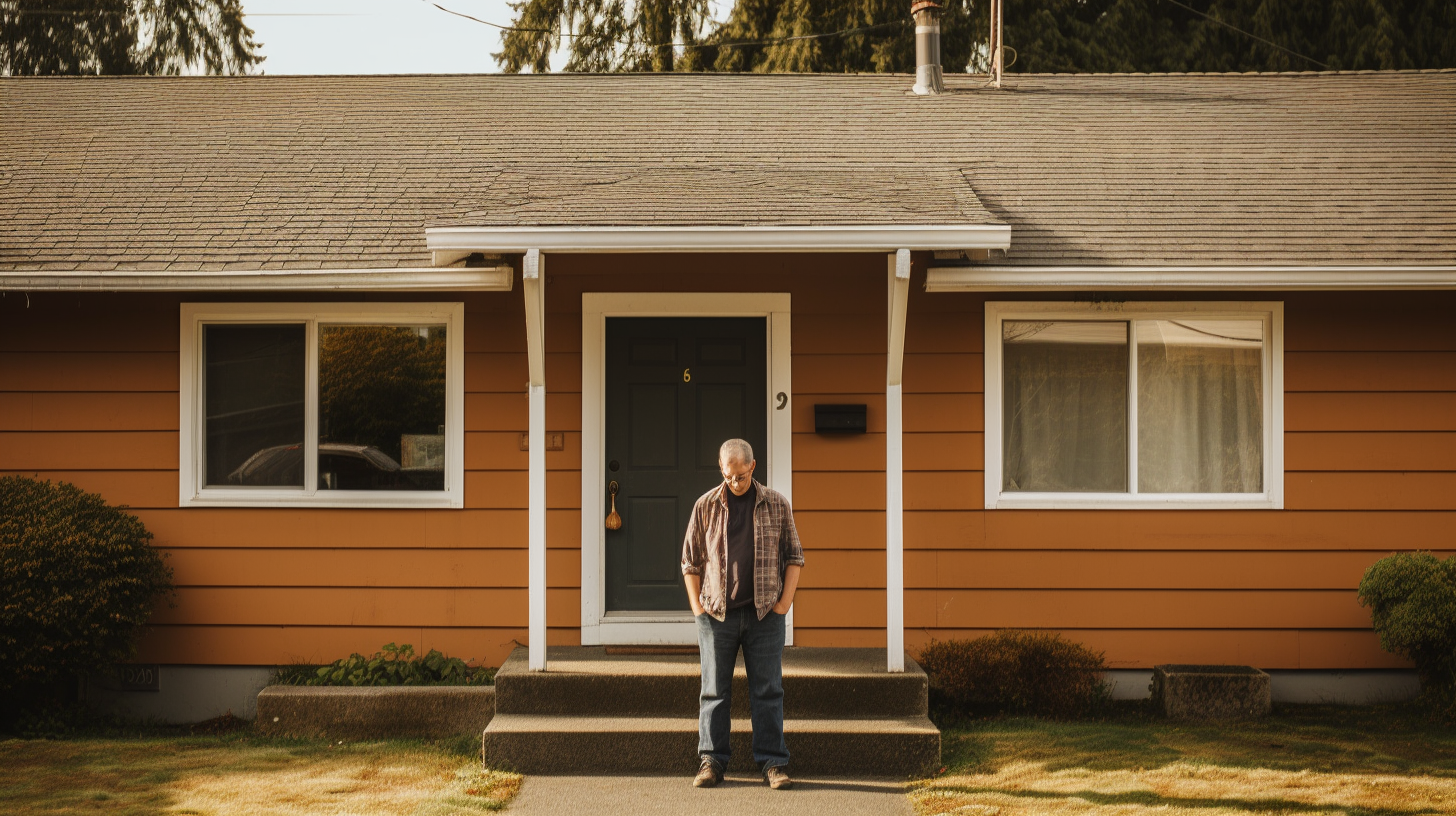 Image: A person holding a stack of papers and looking confused while standing in front of a house under construction. Alt text: A person seeking information for home renovation permits holds a stack of documents and stands in front of a house under construction.