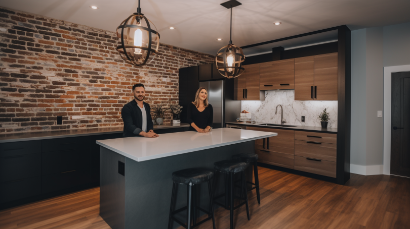 An image of a modern kitchen with white cabinets, marble countertops, and sleek appliances.