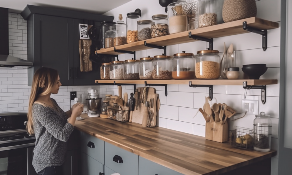 Image description: A DIY kitchen organizer made of wooden crates stacked on top of each other. The bottom crate has been painted white while the others are left in their natural wood color. The crates are used to hold various kitchen items such as plates, bowls, cups, and utensils.