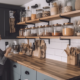 Image description: A DIY kitchen organizer made of wooden crates stacked on top of each other. The bottom crate has been painted white while the others are left in their natural wood color. The crates are used to hold various kitchen items such as plates, bowls, cups, and utensils.