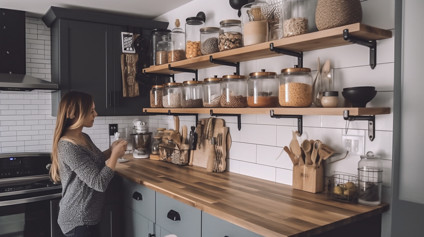 Image description: A DIY kitchen organizer made of wooden crates stacked on top of each other. The bottom crate has been painted white while the others are left in their natural wood color. The crates are used to hold various kitchen items such as plates, bowls, cups, and utensils.