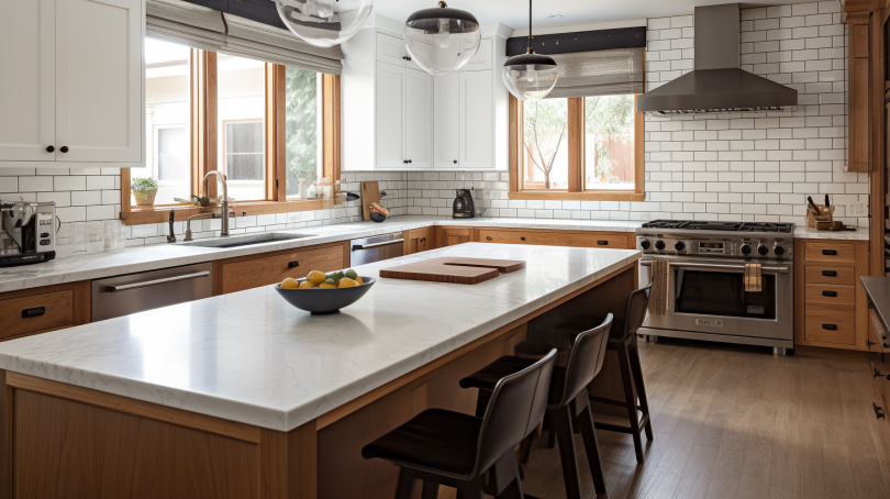 An image of a modern kitchen with sleek finishings, including a marble countertop, stainless steel appliances, and a large island with bar stools. The kitchen is well-lit and features open shelving to display decorative dishes and glassware.