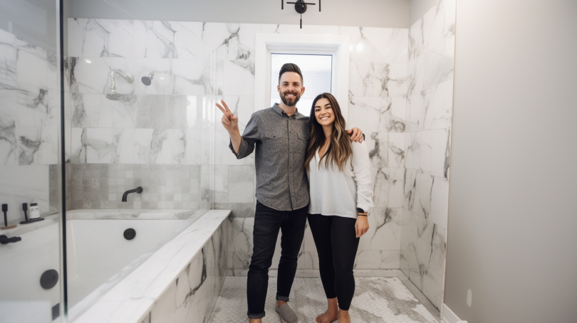 A bathroom with a newly renovated shower stall featuring large tiles, a rainfall showerhead, and a glass door. The vanity has a modern design with a white countertop and sleek metal hardware. The bathroom also features a new toilet and fresh coat of paint on the walls.