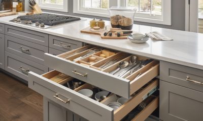 An image showing a neatly organized kitchen drawer with various kitchen utensils such as spoons, forks, knives, and ladles placed in separate compartments.