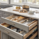 An image showing a neatly organized kitchen drawer with various kitchen utensils such as spoons, forks, knives, and ladles placed in separate compartments.