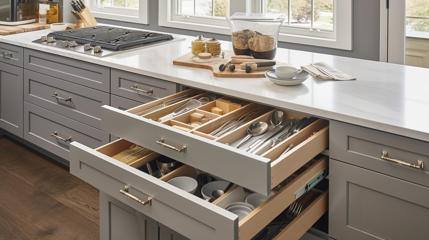 An image showing a neatly organized kitchen drawer with various kitchen utensils such as spoons, forks, knives, and ladles placed in separate compartments.