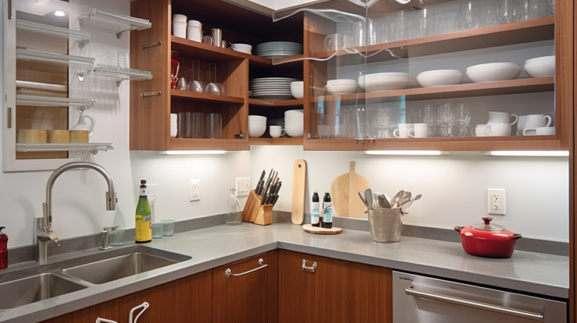 A photo showing a neatly organized kitchen cabinet with labeled containers for various food items such as pasta, rice, and cereals. There are also hanging hooks under the cabinet for utensils and a drawer organizer for cutlery.